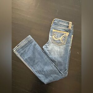 Cache Blue Boot Cut Jeans with Tan Embroidery